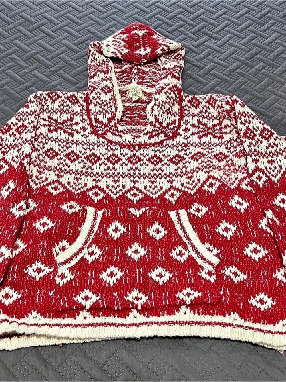 Hippie Rose Fair Isle Hooded Knit Sweater Red & White Small